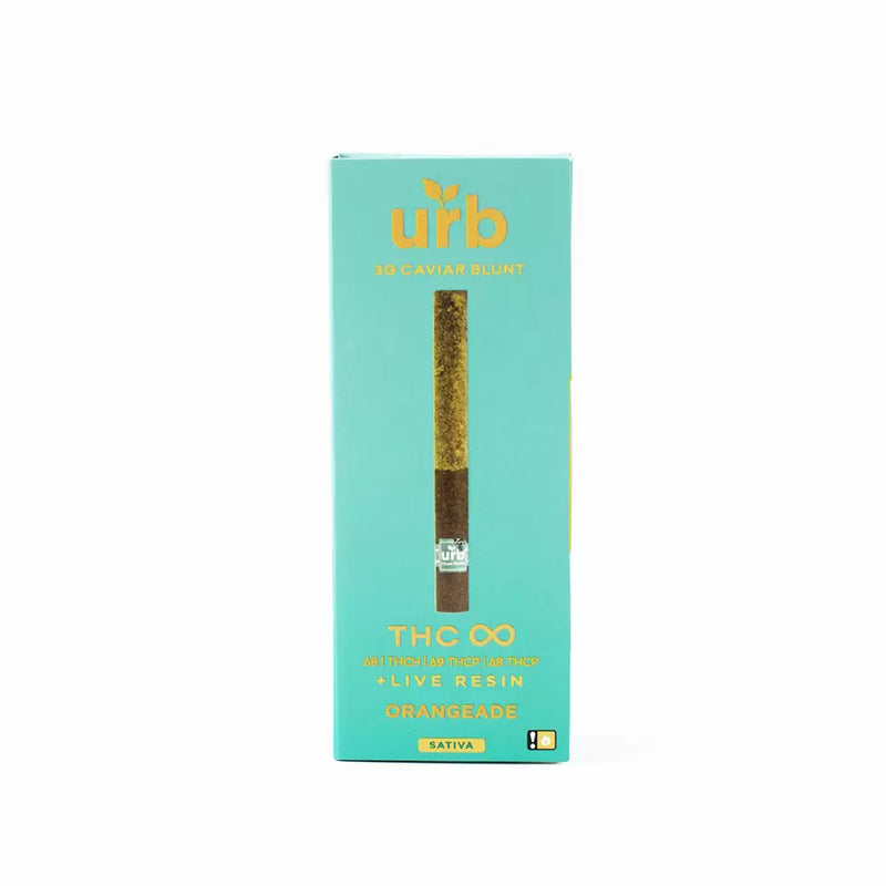 A box labeled "Urb" in teal features the exquisite "3g THC Infinity Caviar Blunt," a sativa blend rich with Orangeade, packed with THC Infinity and live resin.