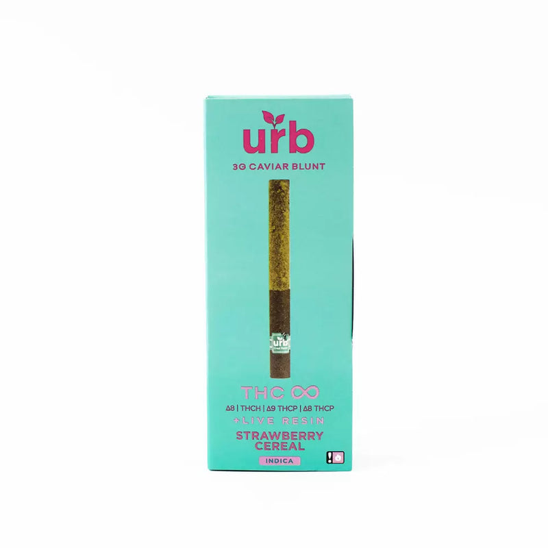 The packaging of an Urb 3g THC Infinity Caviar Blunt is adorned with the label "THC Infinity Live Resin, Strawberry Cereal, Indica," epitomizing the luxurious essence of premium Caviar Blunts for a heightened experience.