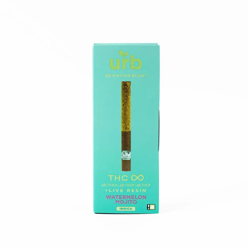 The Urb 3g THC Infinity Caviar Blunt offers a premium experience with its refreshing watermelon mojito flavor, enhanced with live resin in a distinctive green box.