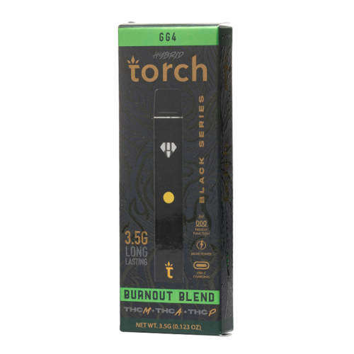 Front view of a Torch Burnout Black Disposable vape pen package labeled "Burnout Blend," featuring 3.5g of the hybrid strain GG4 with 0.3g THC and 0.12g CBD. The predominantly black package, from the Torch brand, is accented with green and gold highlights, accentuating its premium THC blend within.