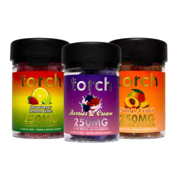 Three jars of Torch Delta 9 Gummies Live Resin in different flavors: Strawberry Lemon Lime, Berries & Cream, and Mango Peach, each labeled with 250mg of active ingredient. These gummies are crafted from live resin and are federally legal for your peace of mind.