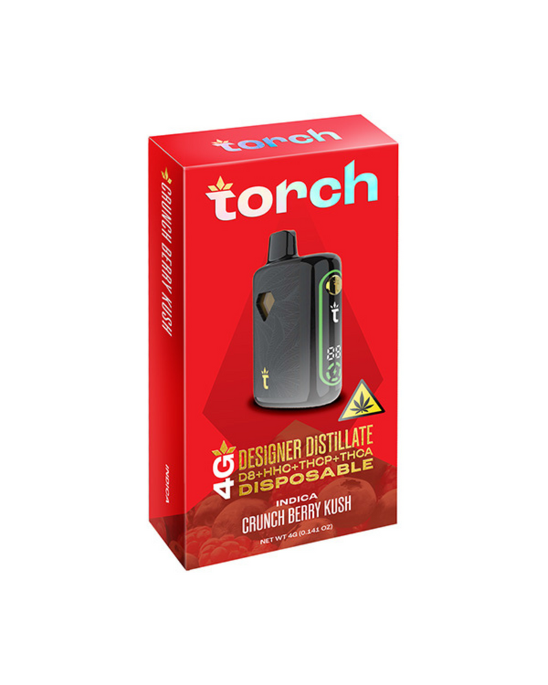 The Torch Designer Distillate Disposable 4g, featuring a stylish red package, offers the "Crunch Berry Kush" indica flavor. It highlights THC with a live resin blend for an enhanced experience.