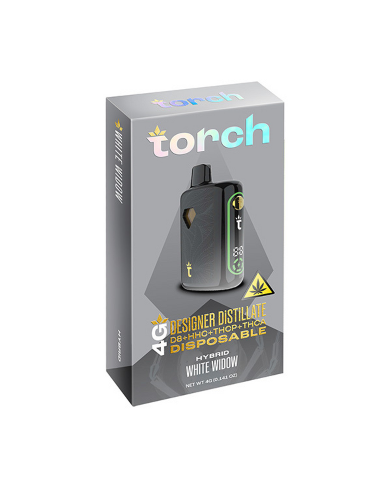 The Torch Designer Distillate Disposable vape pen's packaging highlights a "White Widow" label and features a THC-A live resin blend.