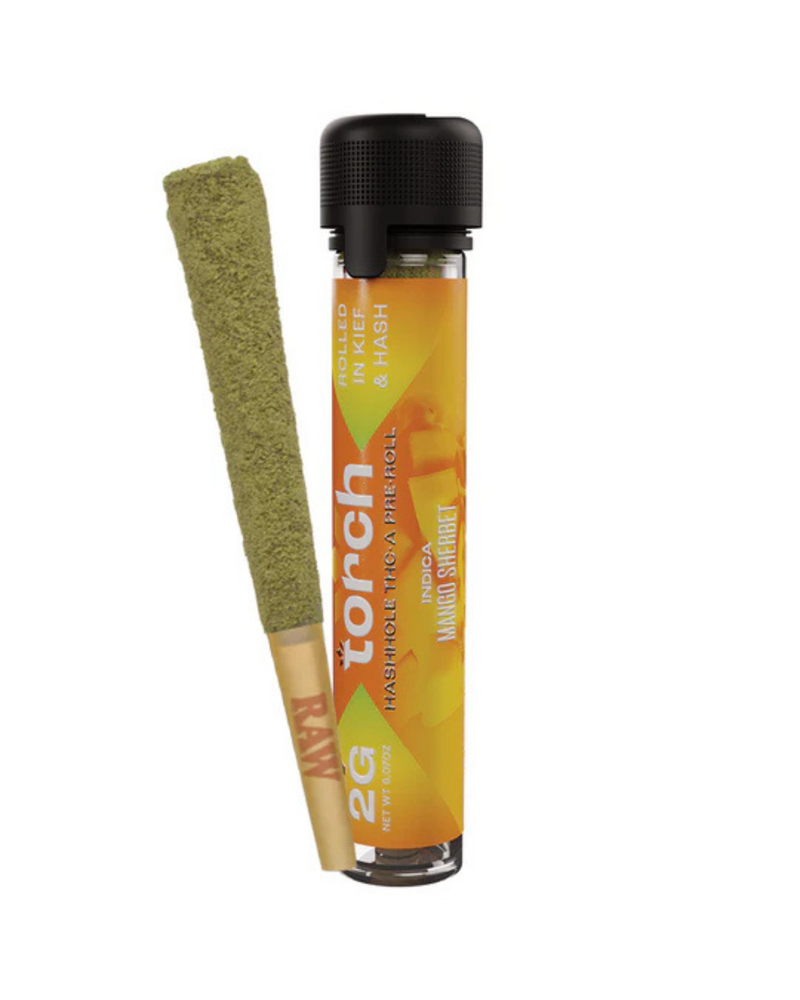 The Torch Hashhole THCA Pre-Roll | 2g by Torch offers a premium experience with a rolled cannabis joint contained in its packaging, hand-dipped in hash, covered in kief, and infused with THC oil for an elevated quality.