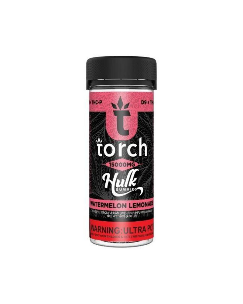 A black and pink cylindrical container labeled "Torch Live Resin Hulk Gummies | 15,000mg" boasts 15,000mg of THC, featuring a bold watermelon lemonade flavor and an ultra potency warning.