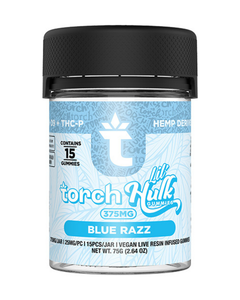 A jar of Torch Lil Hulk Gummies contains 15 pieces, totaling 375mg of Vegan Torch Live Resin and hemp-derived Delta 9 THC-P. The gummies weigh 75g (2.64 oz).