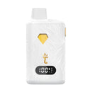 The Torch THCA Live Rosin Disposable (5g) by Torch is a sleek white vape device featuring a yellow diamond symbol and a digital display that reads "100% H M L." Its surface, delicately decorated with a subtle leaf pattern design, suggests the presence of natural terpenes.