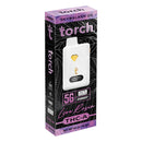 Image of Torch THCA Live Rosin Disposable vape pen packaging by Torch. The box is predominantly purple and black with white label text, featuring a leaf pattern. It contains 5 grams, 900mg CBD, and natural terpenes to enhance your experience.
