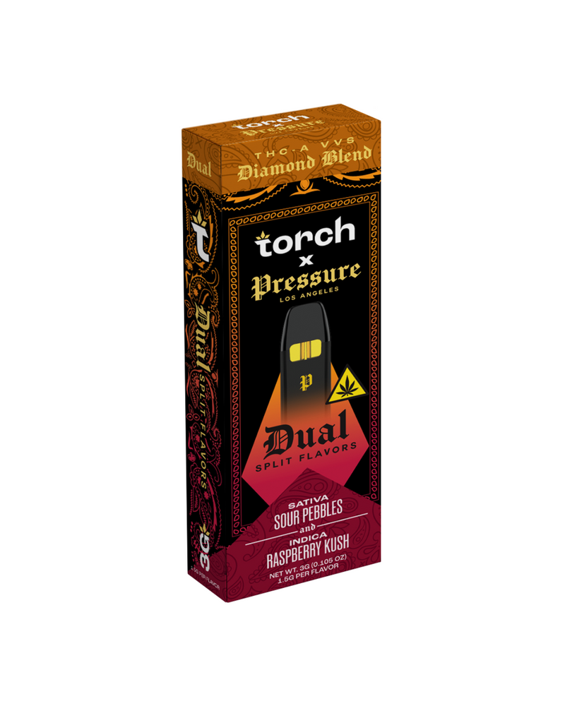 Experience the vibrant Torch x Pressure LA THC-A Diamond Blend Disposable, 3g, with dual flavors of Sour Pebbles and Raspberry Kush in colorful packaging by Torch.