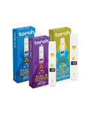 Against a white background are three boxes and two Torch THC-A VVS Diamond Blend Disposable vapes in enticing flavors: Berry Blue, Purple Urkle, and Super Lemon Haze.