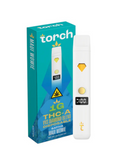The Torch THC-A VVS Diamond Blend Disposable Vape Pen sits sleekly next to its vibrant teal and yellow box, labeled "1G, Sativa, Maui Wowie.