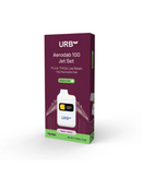 A box of Urb Aerodab 100 Jet Set Disposable | 1.5g in Black Lime (Relax/Indica), featuring airplane-wing dab device imagery and advanced Postless Ceramic Technology.
