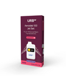 A box of Urb Aerodab 100 Jet Set Disposable | 1.5g by Urb in Fruity Pebil Pie flavor, featuring a plane graphic, product info, and advanced Postless Ceramic Technology on the front.