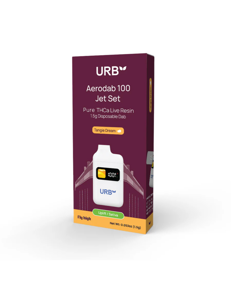 A box of Urb Aerodab 100 Jet Set Disposable | 1.5g in Tangie Dream flavor, featuring the Urb brand and product image.