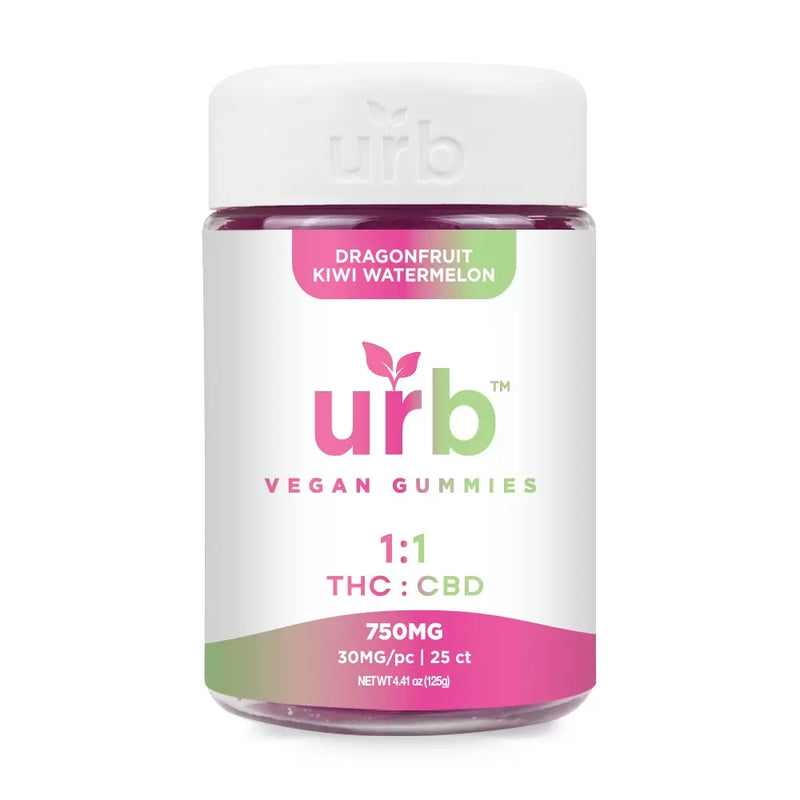 A container of Urb 1:1 THC CBD Gummies labeled "Dragonfruit Kiwi Watermelon," featuring a 750mg total and 30mg per piece, containing 25 gummies. These calming and relaxing treats provide the perfect balance for an uplifted and euphoric experience.