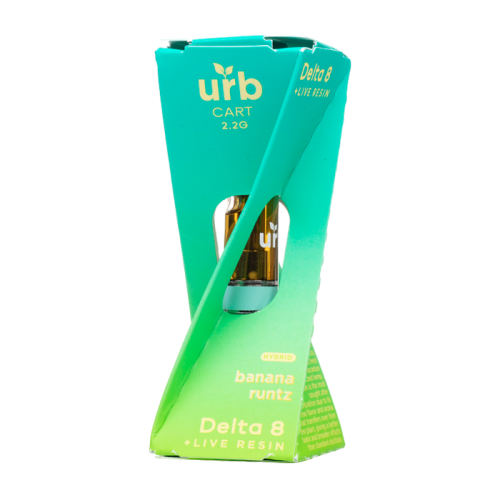 Green and blue packaging of an Urb Delta 8 Live Resin Cartridge | 2.2g labeled "banana runtz" with high quality hemp and live resin, showcasing the vape cart inside.