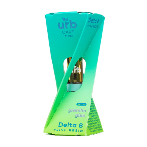 A green and turquoise package of Urb's Urb Delta 8 Live Resin Cartridge | 2.2g, labeled "Gremlin Glue Sativa." The package partially covers the high-quality hemp cartridge inside.