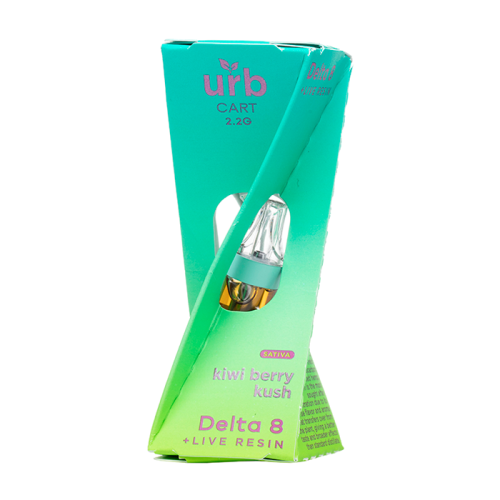 A teal and green box titled "Urb Delta 8 Live Resin Cartridge | 2.2g" with a visible transparent vape cart inside, featuring advanced ceramic coil technology. The packaging reads "kiwi berry kush," "Delta 8 live resin," and "SATIVA.