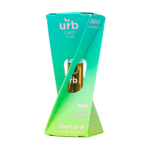 A green and blue cardboard box with the text "Urb Cart 2.2g Delta 8 + Live Resin, Neon Nerdz" on the front showcases a triangular cutout revealing an Urb Delta 8 Live Resin Cartridge | 2.2g inside. Perfect for those seeking high-quality hemp products with Delta 8 live resin.