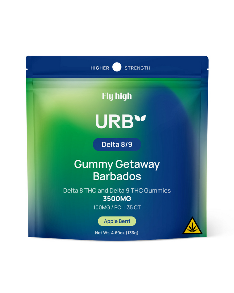 Urb Delta 8/9 Gummies by Urb come in a blue and green pouch labeled "Gummy Getaway Barbados" with apple berri flavor, featuring potent live resin Delta 8 and Delta 9 THC; 35 gummies per bag, total 3500mg.