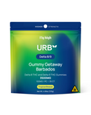 A package of Urb Delta 8/9 Gummies by Urb, Getaway Barbados Tropical Breeze flavor, contains 35 high strength gummies (3500mg total) and features a cannabis warning symbol.
