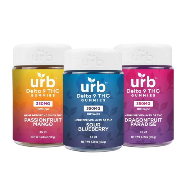 Three bottles of Urb Delta 9 THC Gummies by Urb are displayed: Passionfruit Mango, Sour Blueberry, and Dragonfruit Paradise flavors. Each bottle contains 350 mg of hemp-derived Delta 9 THC, with each gummy having 10 mg. Crafted from legally grown American hemp for a premium experience.