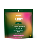 A vibrant green bag of Urb Delta 9 THC Gummies, named "Gummy Getaway Jamaica," contains peach mango watermelon hemp-derived THC gummies, totaling 350mg. The packaging features an attractive gradient design.