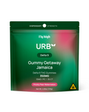 A green and pink pack labeled "Urb Delta 9 THC Gummies" from Urb contains 35 vegan gummies, each with a total of 350mg Delta 9 THC in a tasty prickly pear watermelon flavor.