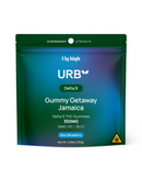 The packaging of "Urb Delta 9 THC Gummies Getaway Jamaica" features hemp-derived gummies with a sour blueberry flavor; each gummy contains 10MG of Delta 9 THC, amounting to a total of 350MG in the pack.