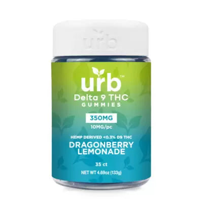 A jar of Urb Delta 9 THC Gummies with 350mg total, 10mg per piece, in dragonberry lemonade flavor. Crafted from legally grown American hemp, the jar contains 35 gummies and weighs 4.69oz (133g).