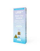 The Urb 3g THC-A Iced Diamonds Disposable Vape offers iced diamonds with fruity terpenes in sleek blue packaging, featuring "Blue Freeze," a hybrid symbol, and a caution icon.