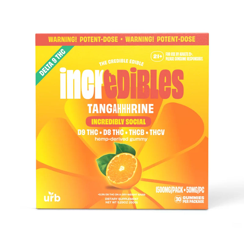 Bright orange and yellow packaging of Urb x Incredibles THC Gummies | 1500mg, featuring Delta 9 THC. These vegan gluten-free gummies contain 30 pieces, each with a 50mg dose, totalling 1500mg of THC. The front showcases an image of a sliced tangerine.
