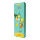 Image of an Urb THCA Live Sugar Disposable | 3g box labeled "Tangie Banana," featuring a turquoise design with images of an orange slice and banana. The box indicates it's a sativa/hybrid with Live Sugar THCA and Delta 8 THC enriched, by Urb.