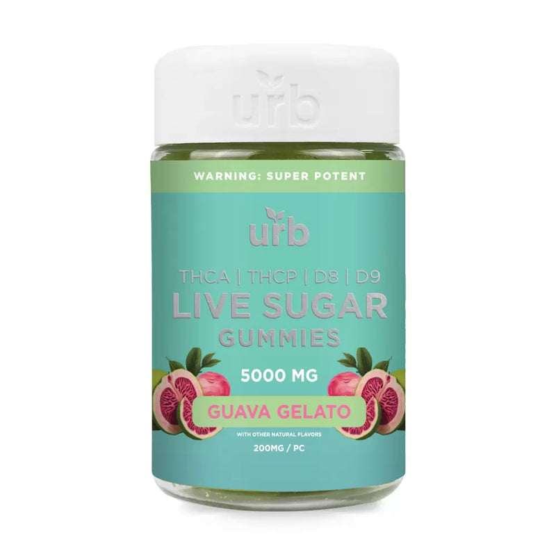 A jar of Urb THCA Live Sugar Gummies | 5000mg with 5000 mg potency in Guava Gelato flavor. The green label, adorned with images of guavas, highlights THC variants and cannabis extract. The top label warns: "Super Potent.