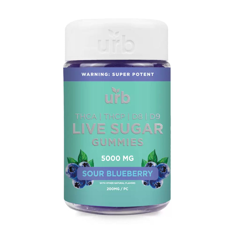 A container of Urb THCA Live Sugar Gummies | 5000mg in Sour Blueberry flavor, labeled as "Super Potent" with 5000mg of THC, THCP, D8, and D9, containing 200mg of cannabinoids per piece. These gummies are crafted with premium cannabis extract for an intense experience.