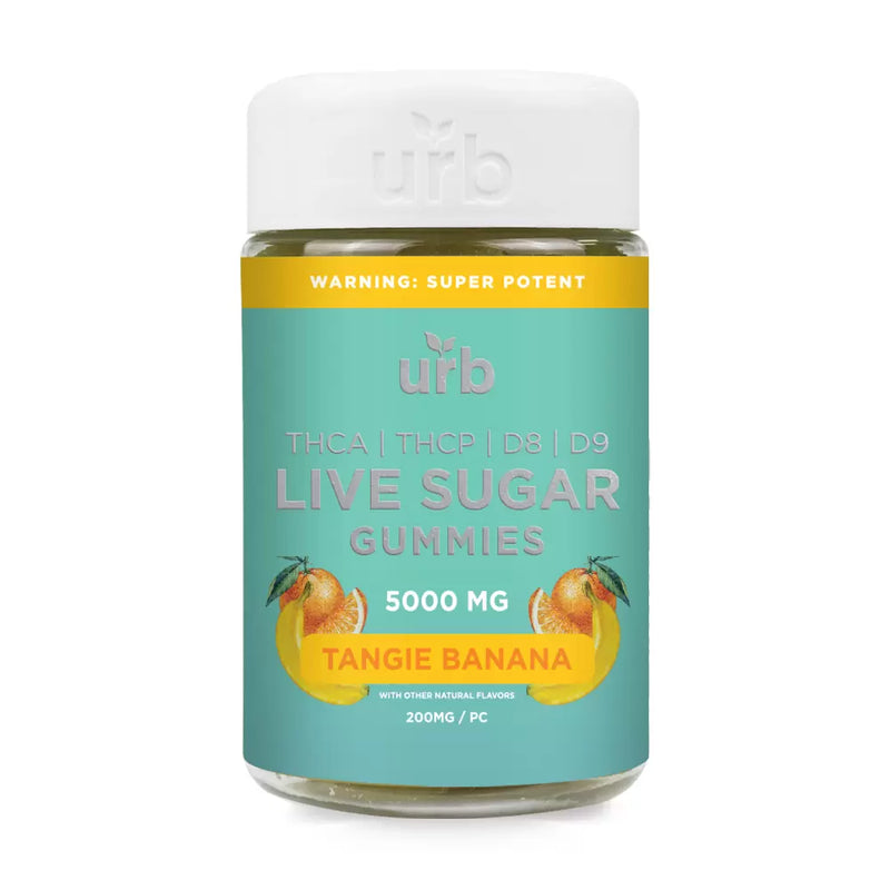 Bottle of Urb THCA Live Sugar Gummies infused with THCA Live Sugar, boasting a Tangie Banana flavor and a robust 5000 mg total THC in various forms (THCA, THCP, D8, D9). The label includes a warning of "Super Potent.