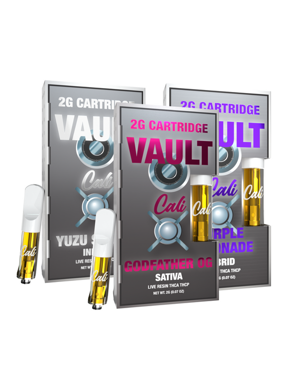 The set of three boxes labeled "Cali Extrax Vault THCA Cartridge | 2g" comprises THCA cartridges in flavors Yuzu, Godfather OG, and Triple Lemonade. These premium live resin products made from US-grown hemp feature vibrant cartridge images with a secure vault design.