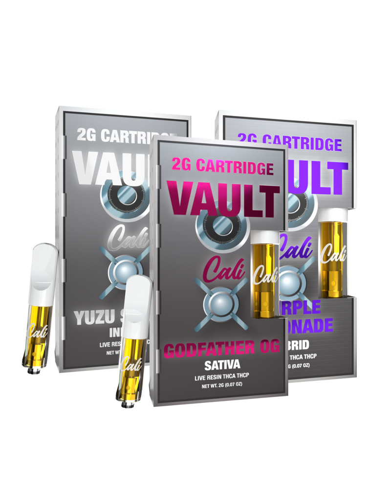 The set of three boxes labeled "Cali Extrax Vault THCA Cartridge | 2g" comprises THCA cartridges in flavors Yuzu, Godfather OG, and Triple Lemonade. These premium live resin products made from US-grown hemp feature vibrant cartridge images with a secure vault design.