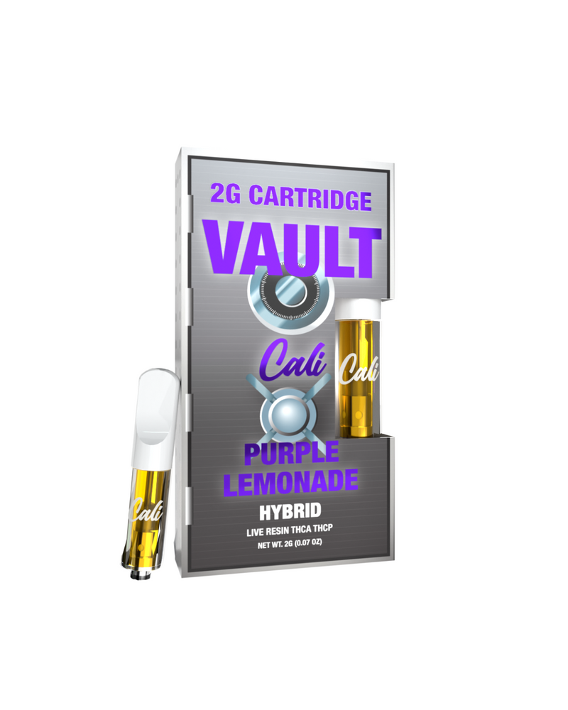 Packaging of a 2g vape cartridge from Cali Extrax, named "Vault," highlighting the "Purple Lemonade" flavor. The box presents two Cali Extrax Vault THCA cartridges emphasizing hybrid strain details for an enhanced experience for enthusiasts.