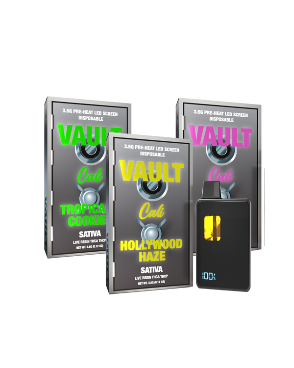 In front of the sleek black vape pen showing "100%," there are three boxes of Cali Extrax Vault THCA Disposable | 3.5g, featuring flavors such as Tropical Cookies and Hollywood Haze, both enriched with live resin terpenes for a genuine experience.