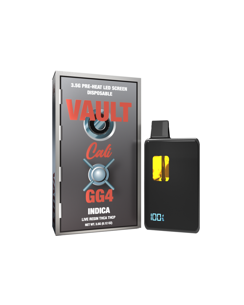 Image of a sleek black vape pen with an LED screen alongside its packaging labeled "Cali Extrax Vault THCA Disposable | 3.5g." This disposable vape is enriched with live resin terpenes, offering a premium vaping experience.