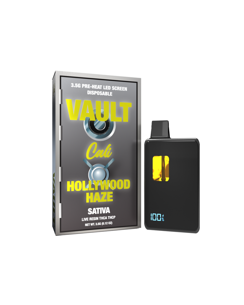 A black disposable vape device featuring a 100% charge indicator is placed next to a branded packaging box for "Cali Extrax Vault THCA Disposable | 3.5g" harnessing the potent effects of Sativa live resin.