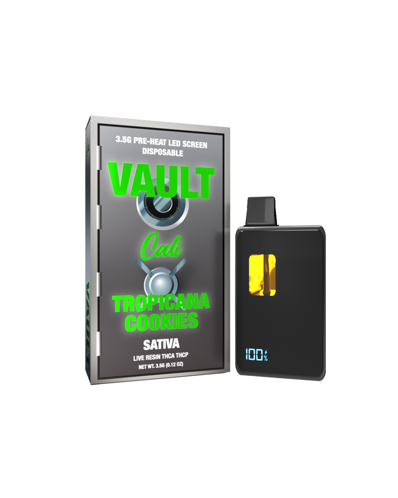 Packaging and device for a Cali Extrax Vault THCA Disposable | 3.5g vape pen, featuring a digital screen display and infused with live resin terpenes.