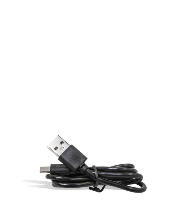 A coiled black Wulf Mods USB Type C Charging Cable with a Type-A connector on one end and a USB Type-C connector on the other, placed against a white background.