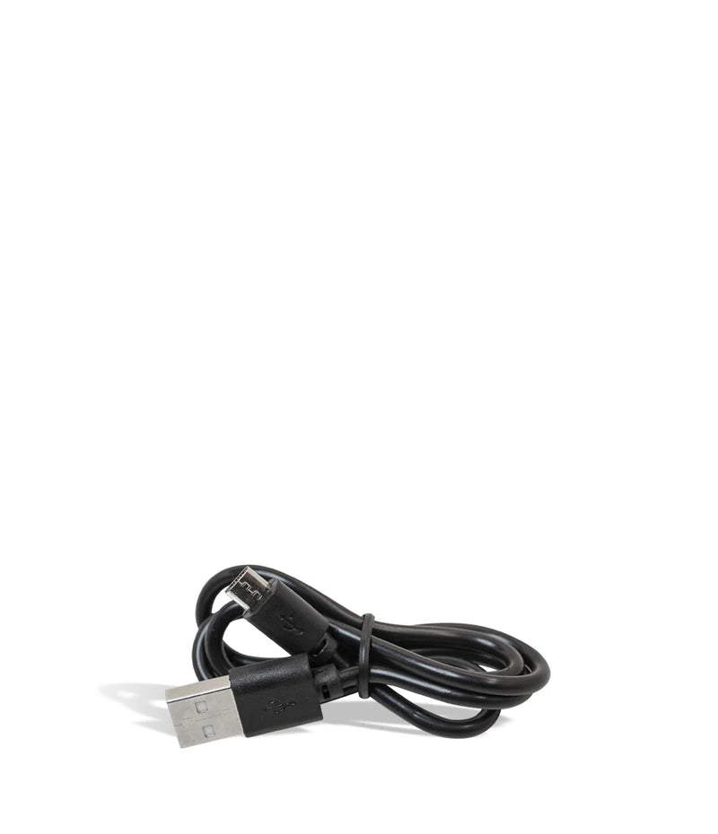 A black charging cable featuring standard and micro USB connectors from Wulf Mods' Micro USB Charging Cable collection rests elegantly on a white background.