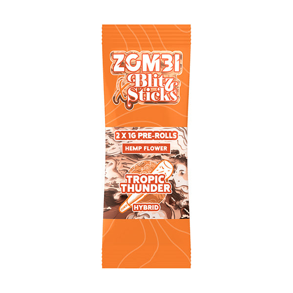 Zombi Blitz Sticks Pre-Rolls come in orange and white packaging, featuring 2 x 1g hybrid hemp flower prerolls from the Zombi brand, promising an intense high.