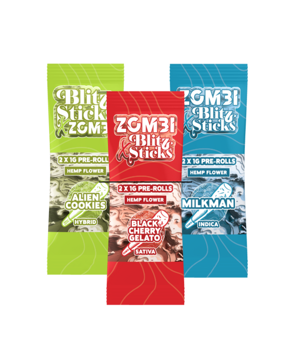 Three colorful packets of Zombi Blitz Sticks Pre-Rolls include the "Alien Cookies" (green), "Black Cherry Gelato" (red), and "Milkman" (blue) THCP strains, made from legally grown American hemp.