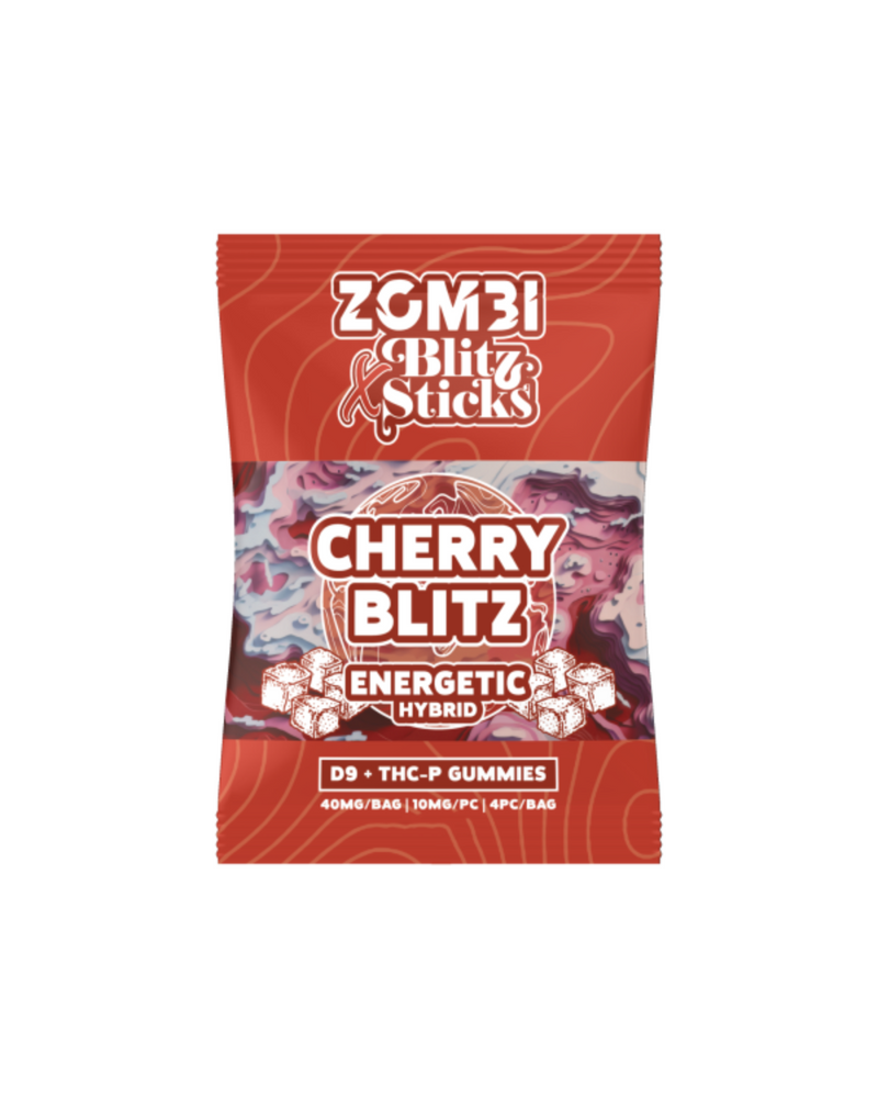 Experience the energetic hybrid of Zombi Blitz Sticks Delta 9 & THCP Gummies. These gummies, in vibrant red and white packaging, promise to elevate your hemp gummy adventures to new heights.