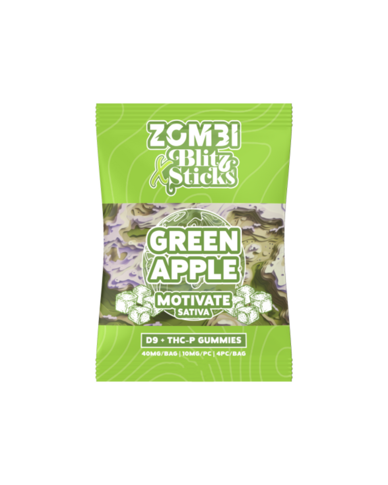 Discover carefree bliss with Zombi Blitz Sticks Delta 9 & THCP Gummies from Zombi. Each pack contains four gummies, bursting with lively green apple flavor and a total of 40mg per bag, providing 10mg in each tantalizing bite.