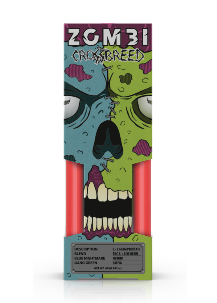 Box of "Zombi Crossbreed THCA Live Resin Disposable 4g | 2pk" from the brand Zombi with a colorful, zombie-themed design. The packaging mentions "2 x 1-gram prerolls" and "Blend: Nightmare Gang Green," alongside Live Resin disposables for a premium experience.